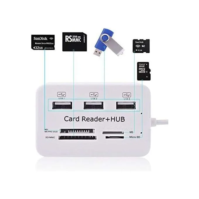 7 in 1 USB 2.0 Combo Card Reader Hub, Ultra Fast Speed, for Laptop PC Tablet, Supports MS Duo/SD/T-Fash/M2 Memory Cards and 3 USB 2.0 Port (White/Silver)
