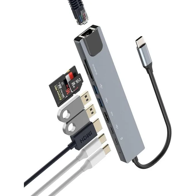 8-in-1 USB-C USB Hub Adapter - 4K HDMI, RJ45 Ethernet, SD/TF Card Reader, USB 3.0/2.0 & PD Charging