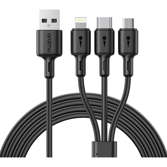 3 In 1 Charging Cable 3A Charging Cable With Micro Usb, USB-C And Lighting Port Compatible For Android, IOS And USB-C Devices 1.2Mtr Long -Black