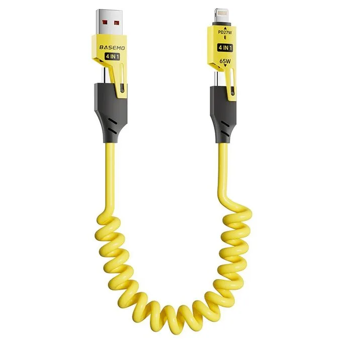 4 in 1 Fast Charging Spring Cable - Multi Device Charging Cord for USB-C & iPhone, Travel Data Cable for Phone, Tablet, Laptop, Expandable Spiral Cable