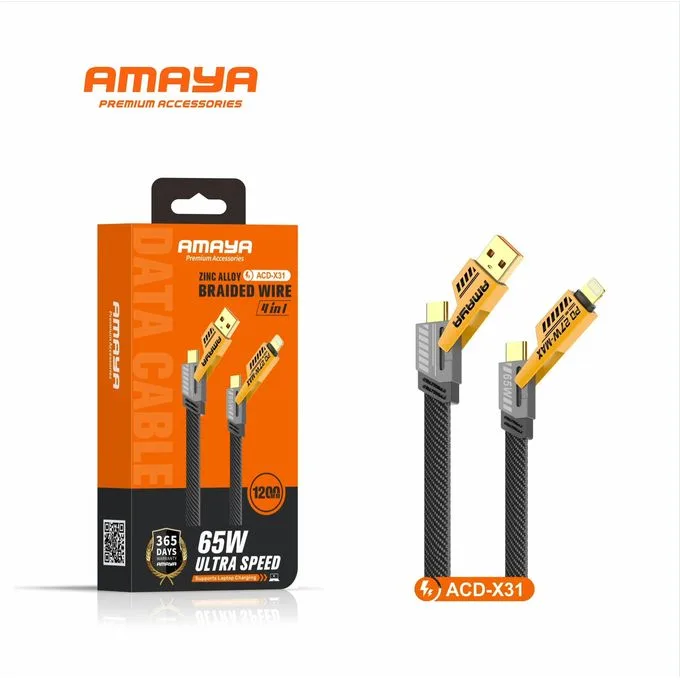 Amaya 4-in-1 USB-C Cable, Pd 65W Fast Charging Cable & Data Sync, Multi Charging Cable, Charging Cords USB-A,USB-C, Lightning-Black