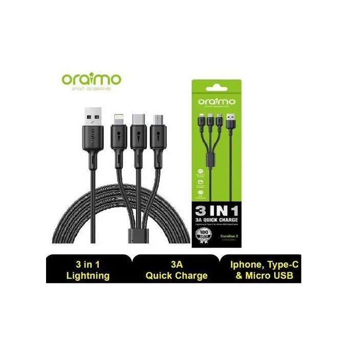 Oraimo 3 In 1 Charging Cable 3A Charging Cable With Micro Usb, USB-C And Lighting Port Compatible For Android, IOS And USB-C Devices 1.2Mtr Long -Black