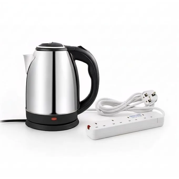 Stainless Steel Electric Kettle (1.8L) and 4-Way Extension Cable Surge Protector Power Strip with UK Plug