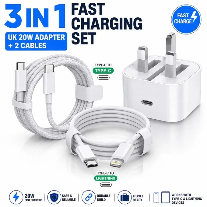 Universal 3-in-1 iPhone Charger Cord for all iPhone 2 Charger Cables, 35W USB-C Fast Charger for USB-C and Lightning Devices