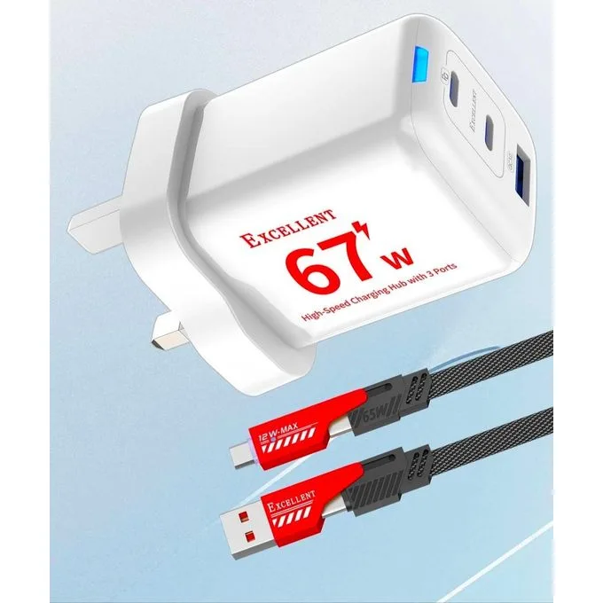 67W Multi-Port Ultra Fast Charger (CH-9) - 3 Ports (2 USB-C + 1 USB) with Fast Data Cable