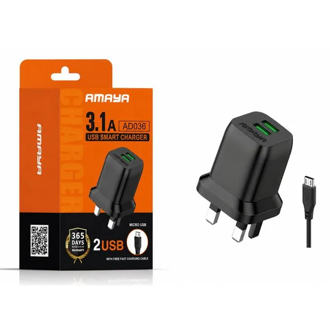 Amaya 3.1A USB Smart Charger (AD036) with Micro-USB Fast Charging Cable