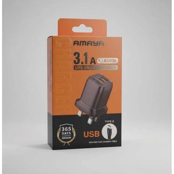 Amaya 3.1A USB Smart Charger (AD036) with USB-C Fast Charging Cable