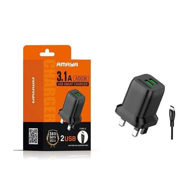 Amaya 3.1A USB Smart Charger (AD036) with USB-C Fast Charging Cable