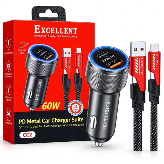 CC2 60W Metal Car Charger Suite - QC 3.0 + PD Dual Port Fast Car Charger with 4-in-1 PD Data Cable