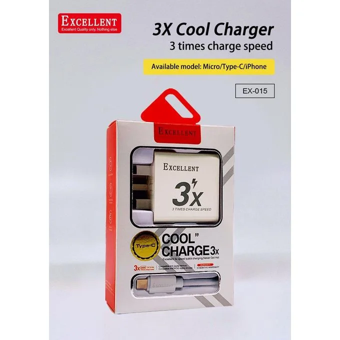 EX-015 3X Ultra-Fast Cool Charger - 3.0A Quick Charge Wall Adapter with USB-C Cable