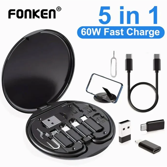 Fonken 5 In 1 60W Fast Charging Cable Set Storage Box Multifunctional USB Charger Cable Organizer Portable Charging Cable Set And Phone Stand
