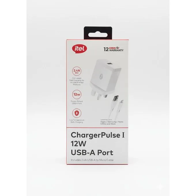 Itel ChargerPulse I 12W Fast Charger with 2.4A Micro-USB Cable (3-Pin UK Plug)