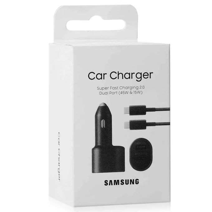 Samsung 45W Car Charger Super Fast Chaging, Dual Port, With USB-C to USB-C Data Cable