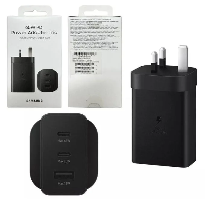 Samsung 65W 3 Ports Super Fast Charger Plug Triple Port Trio PD Power Adapter with USB Cable-C