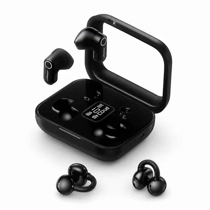 Aldeepo 2-in-1 Wireless Earbuds - Ear Clip & In-Ear Design - Air Conduction Bluetooth Headphones with Charging Case, Digital Display & 24H Playtime - Black