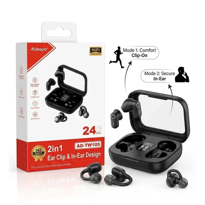 Aldeepo 2-in-1 Wireless Earbuds - Ear Clip & In-Ear Design - Air Conduction Bluetooth Headphones with Charging Case, Digital Display & 24H Playtime - Black