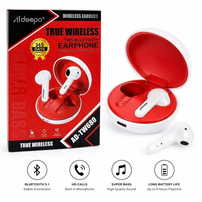 Aldeepo AD-TW680 True Wireless Bluetooth Earbuds - Super Bass, HD Calls, Long Battery Life