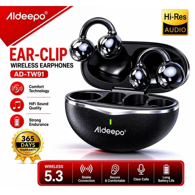 Aldeepo AD-TW91 Wireless Ear-Clip Earbuds - Bluetooth 5.3, HiFi Sound, Long Battery Life