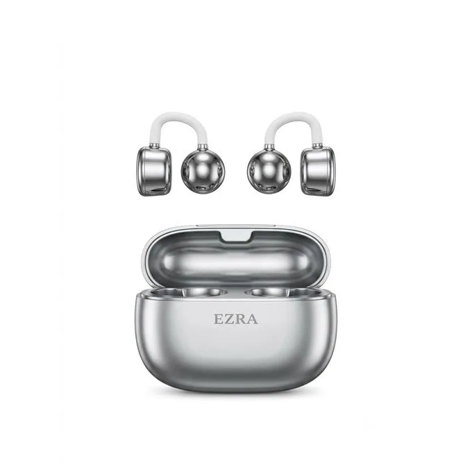 EZRA TWS161 Wireless Stereo Earbuds - Open Ear Clip-On Bluetooth Earphones with Charging Case (Metallic Silver)