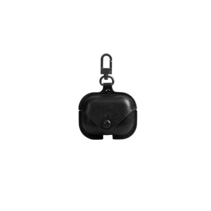 Leather Protective Case for Wireless Earphones - Sleek Black Carrying Pouch with Carabiner Clip