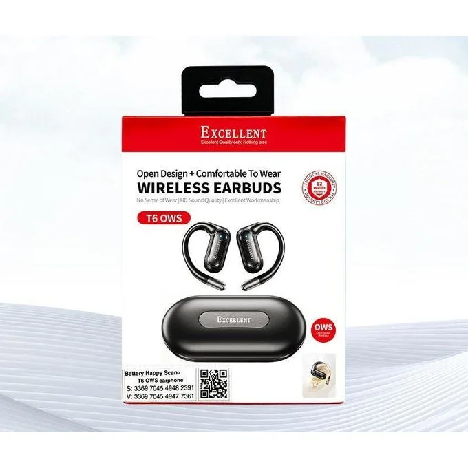 T6 OWS Open-Ear Wireless Earbuds - Comfortable Sport Earphones with HD Sound Quality & Charging Case - Black