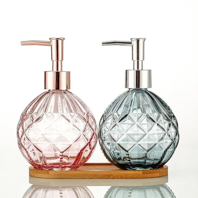 1PC Elegant Diamond-Pattern Glass Soap Dispenser with Metallic Pump - Bathroom & Kitchen Accessory