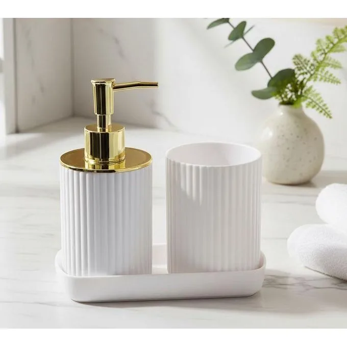 3-Piece Bathroom Accessory Set - Fluted Ceramic Liquid Soap Dispenser Pump, Toothbrush Holder Cup & Matching Storage Tray White/Black/Gray