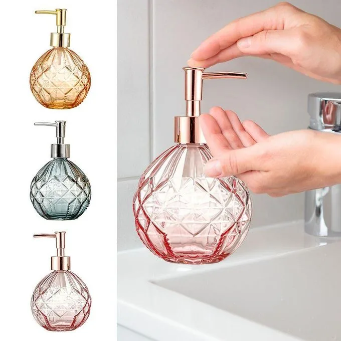 Diamond Cut Glass Soap Dispenser - Refillable Liquid Hand Soap & Lotion Dispenser Pump for Bathroom & Kitchen