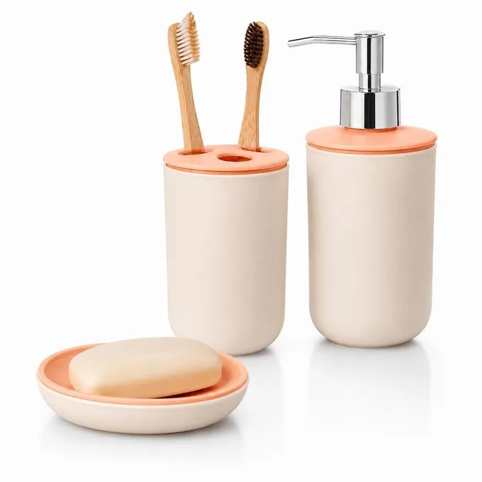 Modern 3-Piece Bathroom Accessories Set - Soap Dispenser, Toothbrush Holder & Soap Dish (Cream/Peach)