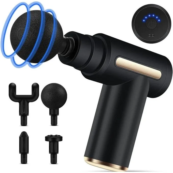 Portable Fascia Massage Gun - Handheld Deep Tissue Muscle Massager with 4 Heads & USB Rechargeable Battery - Black & Gold