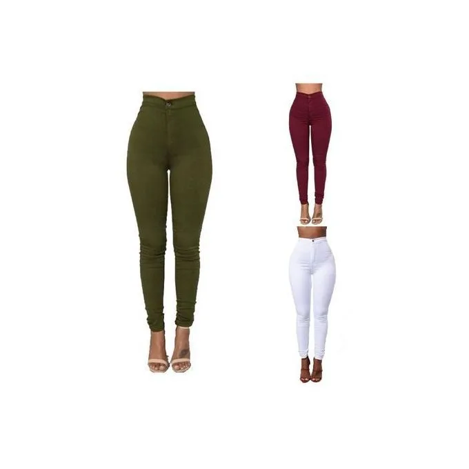 3-Pack Women's High-Waist Stretch Denim Jeans Casual Pants - White/Maroon/Green - Stretch Denim Style for Casual Outings & Everyday Wear