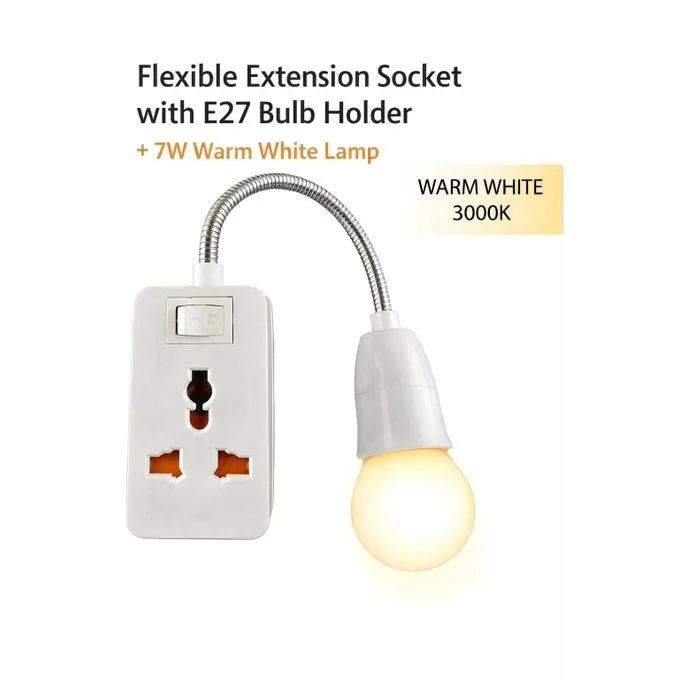 2-in-1 Flexible Extension Socket with E27 Holder + 7W Warm White LED Night Bulb (3000K) - Universal Plug Adapter