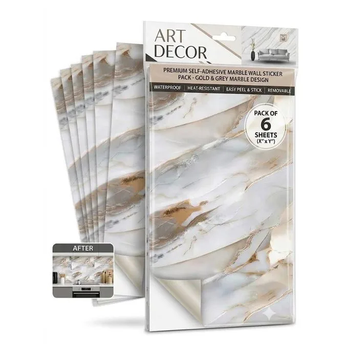 Pack of 6 Gold & Grey Marble Self-Adhesive Wall Sticker Pack - Waterproof Peel & Stick Tiles