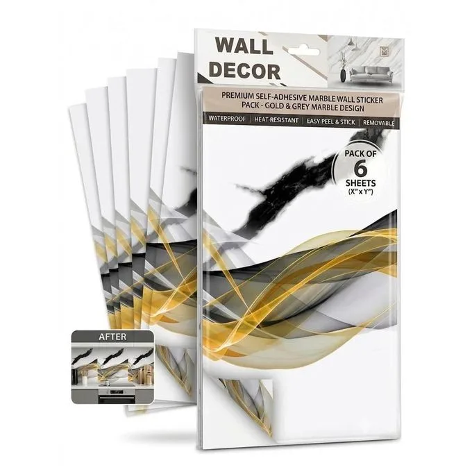 Art Decor Self-Adhesive Wall Sticker Sheets - Black & Gold Wave Design (Pack of 6)