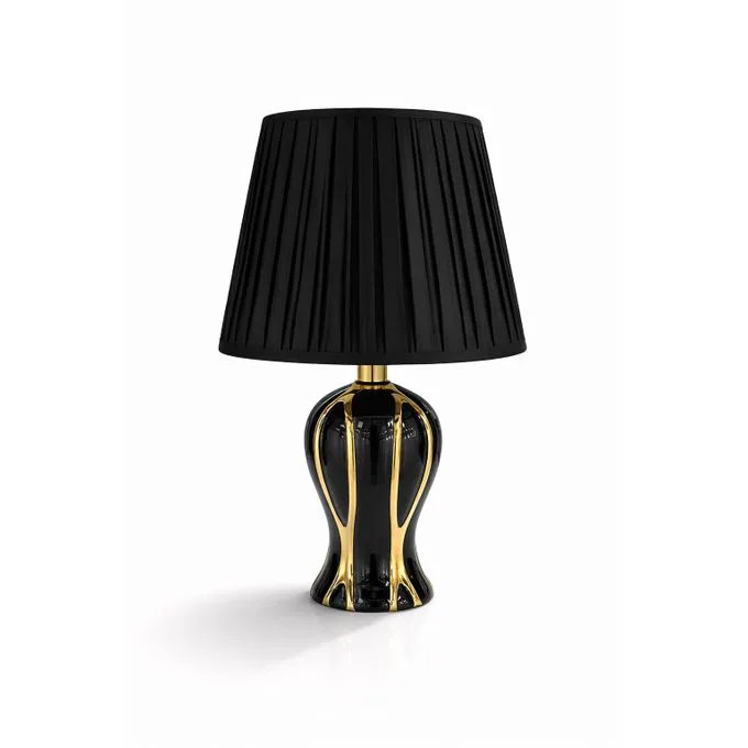 Black & Gold Table Lamp - Modern Bedside Night Light with Elegant Fabric Shade