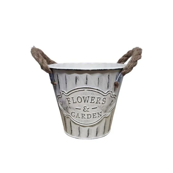 Vintage Metal Flower Pot & Planter Bucket with Rope Handles - Distressed Cream Rustic Decor