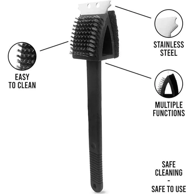 3-in-1 BBQ Grill Cleaning Brush Heavy-Duty Long Handle Grates Cleaner Barbecue Brush with Scraper & Scrub Pad for Gas, Charcoal & Smoker Grills