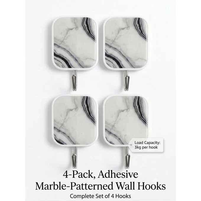 4-Pack Marble Pattern Adhesive Wall Hook White/ Gray Color