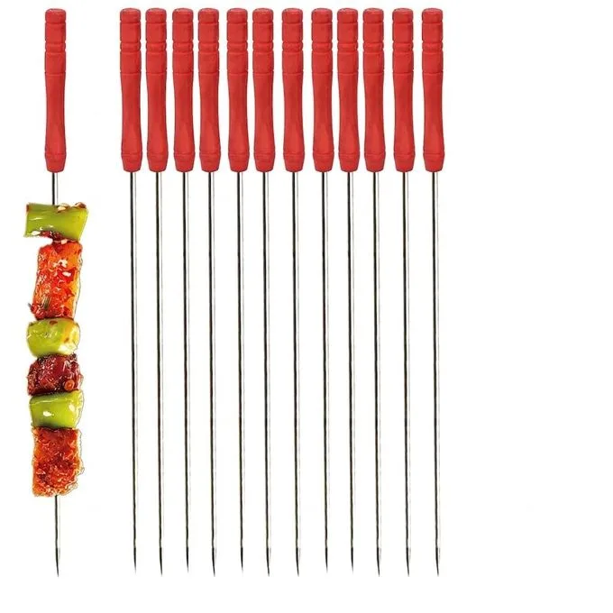 BBQ Skewers Tandoor for Barbecue, Grill Stainless Steel Stick with Wooden Handle, Pack of 12