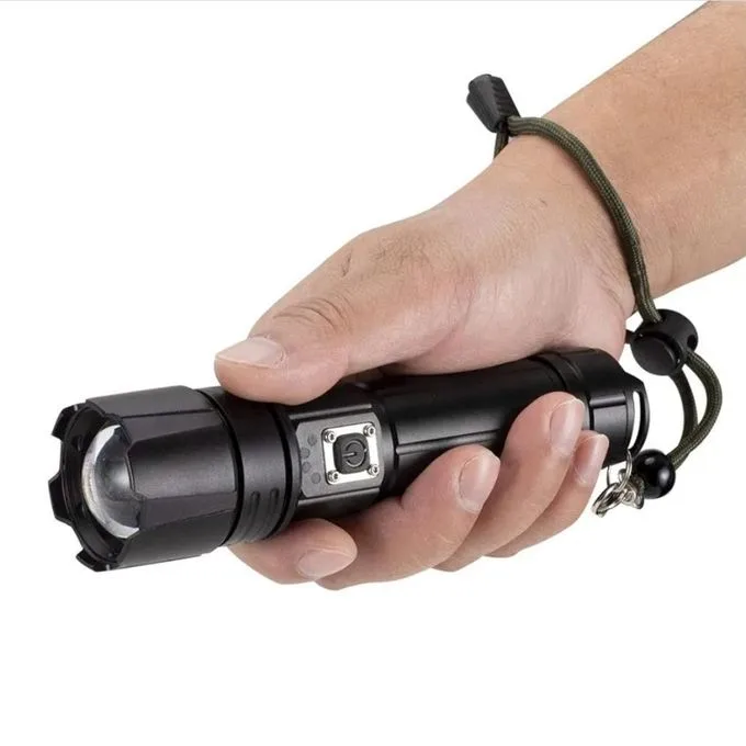 Tactical LED Torch High Lumens USB Rechargeable Zoom Waterproof Powerful Flashlight with Reverse Charging Function, Battery, Charging Indicator