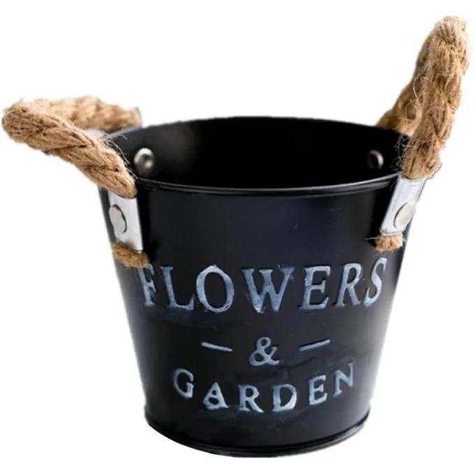 Vintage Rustic Metal Flower Pot - Decorative Tabletop Bucket Planter with Rope Handles