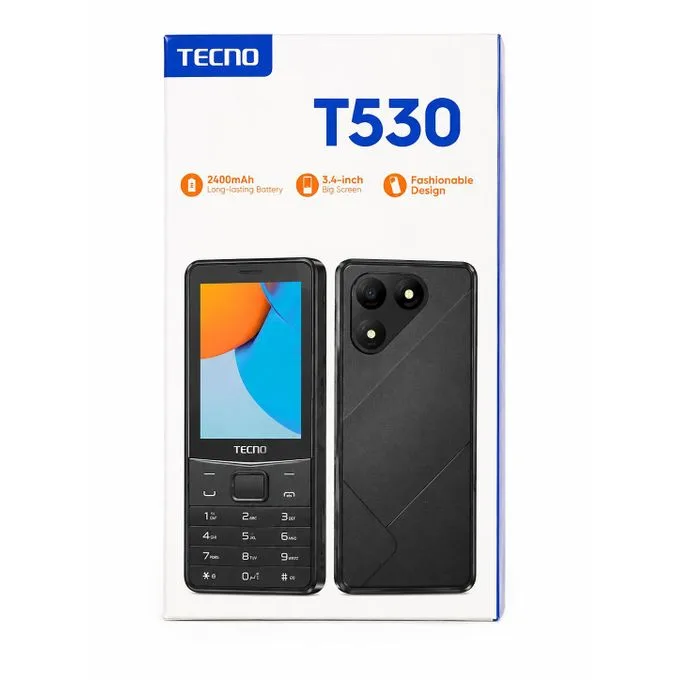 Tecno T530 Feature Phone - 3.4" Display, 2400mAh Long-Lasting Battery - Black