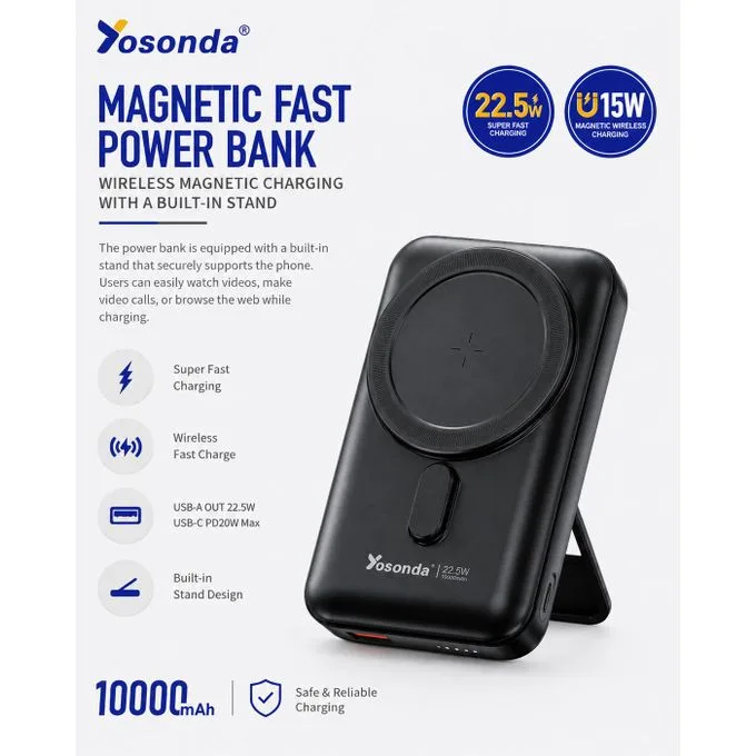 10000mAH Magsafe Power Bank in Built Stand Wireless 2 Output 22.5W Fast Charging Battery Pack Black