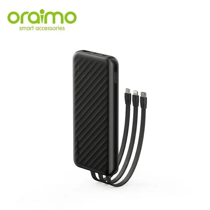 Oraimo Slice Link 10000mAh Power Bank - 12W Fast Charge with 3 Built-in Cables (OPB-P5101) - Black