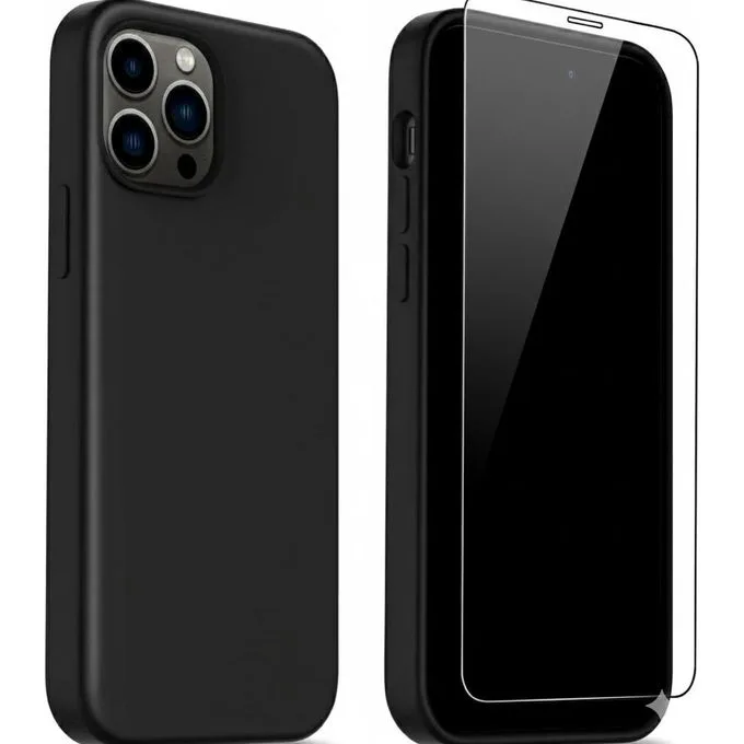 Universal iPhone 14 Pro & 14 Pro Max Soft Rubber Liquid Silicone case With screen protector Black