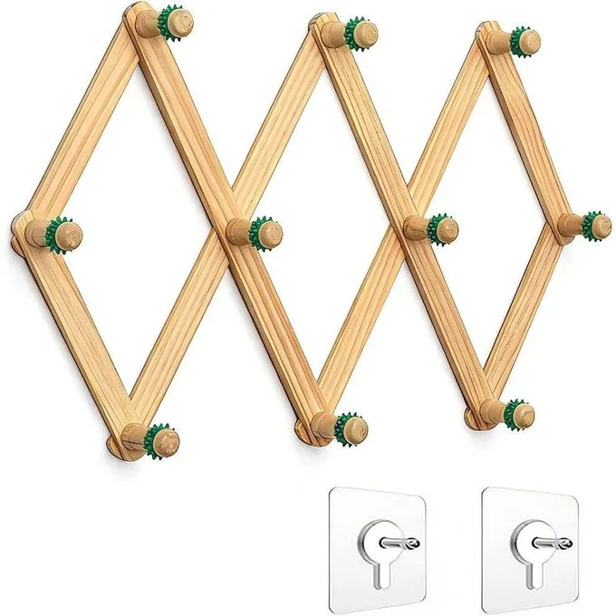 10-Peg Expandable Pine Wood Wall Rack - Accordion Coat, Hat & Bag Hanger with Anti-Slip Grips