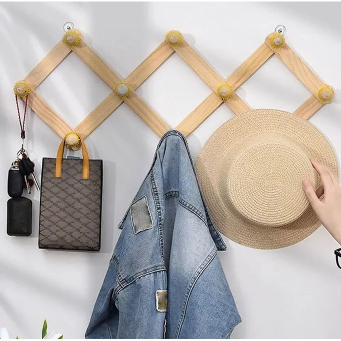Multi Purpose Expandable Wooden Accordion Coat Rack Modern Wall Hanger for Bedroom, Living Room, Scarves, Cap, Easy to Install