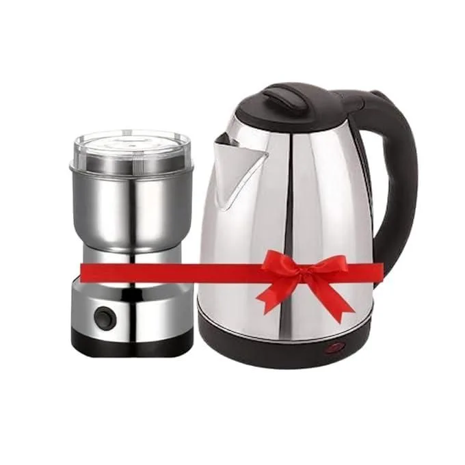 Electric Kettle & Grinder, 2L Capacity, Silver, Modern Design, Ideal for Coffee, Tea, Travel & Home Use