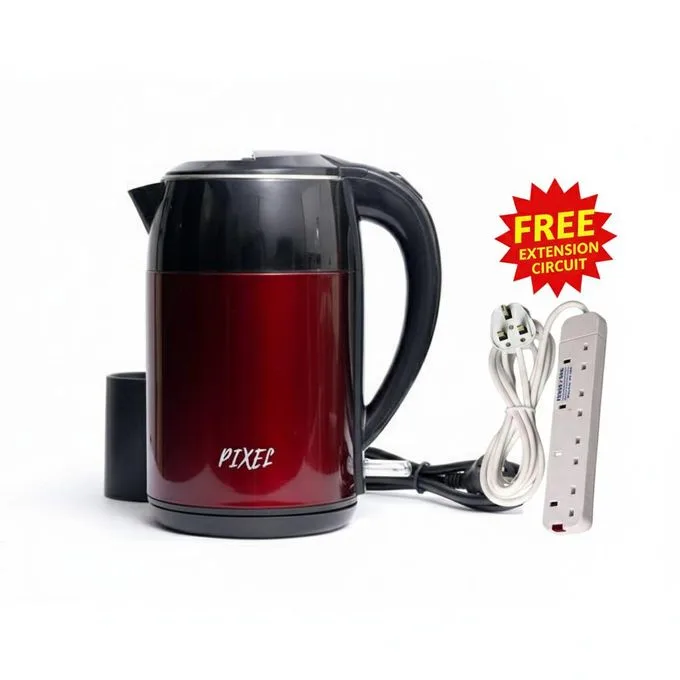 Pixel Rapid Boil Stainless Steel Electric Kettle (2.5L) with FREE 4-Way Surge Protector Power Extension