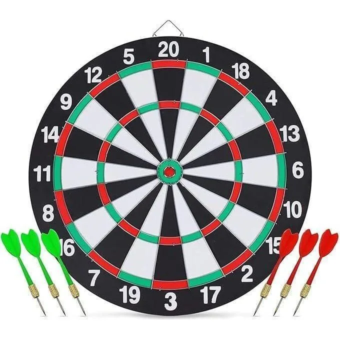 Classic Family Dartboard Game Set with 6 Flights Darts (3 Red, 3 Green) - Safe Double-Sided Hanging Dart Board Target for Kids, Adults, Game Rooms, and